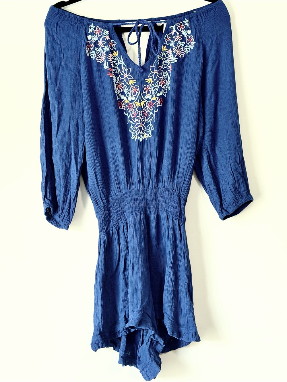 American Rag Off Shoulder Blue Floral V-Neck Embroidered Romper